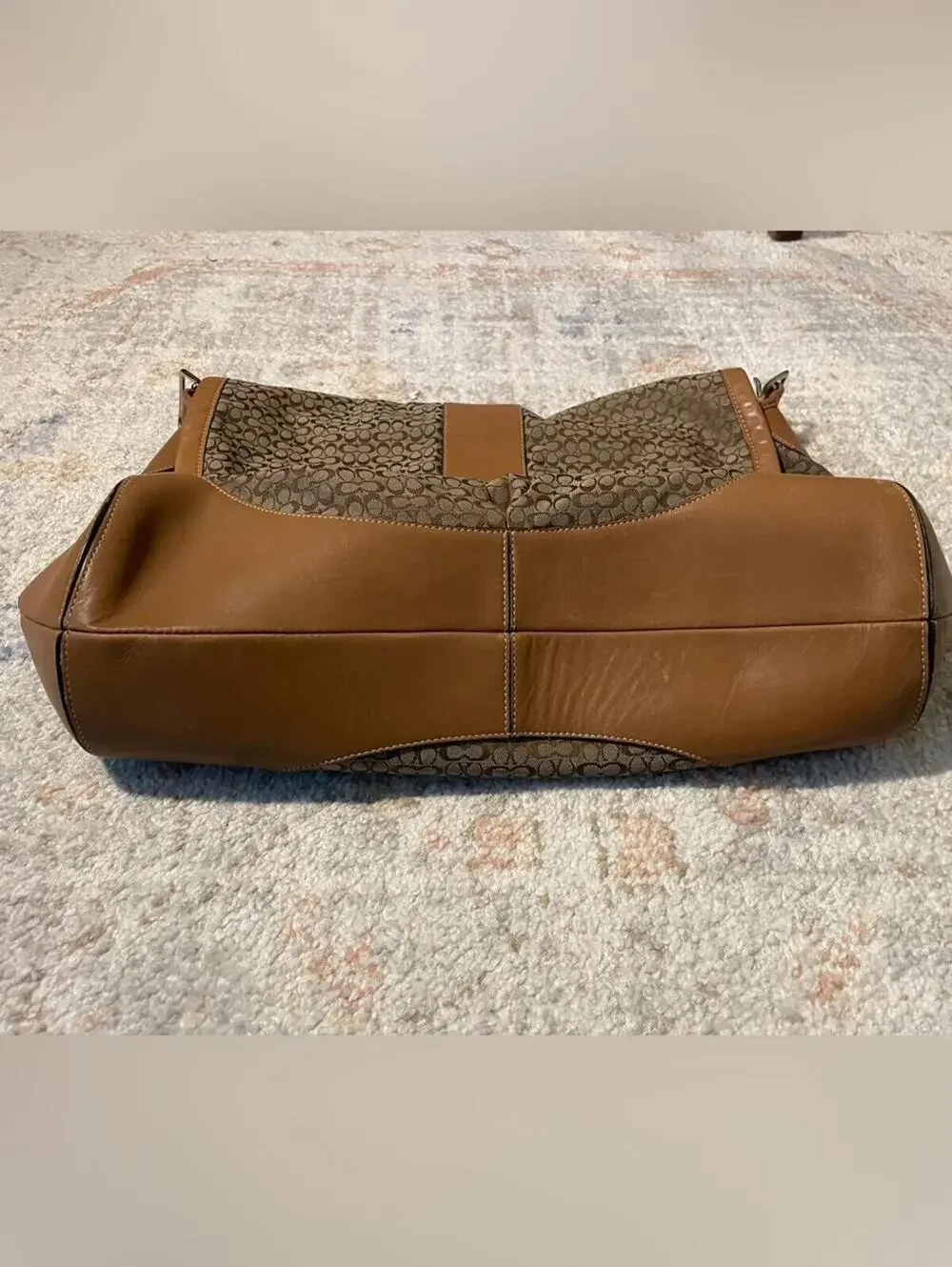 Coach Brown Signature Canvas Shoulder Bag with Tan Leather Trim